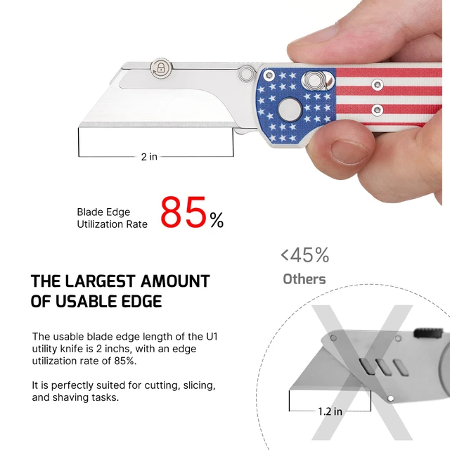 Alt view image 3 of 7 - Otacle U1 Folding Utility Knife with Quick Change Blade & Rail Lock EDC Box Cutter with G10 Handle, Pocket Clip, Compact 3.38 in Design for Office, Factory & Daily Carry (Stars&Stripes)