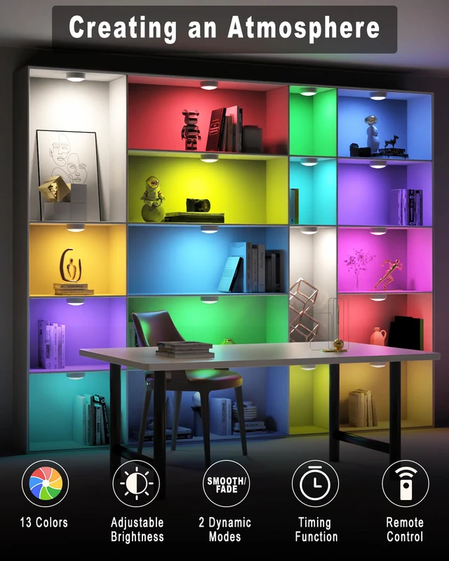 Alt view image 6 of 7 - LED Puck Lights with Remote, 6 Pack Color Changing RGBW, Battery Powered Under Cabinet Lighting, Dimmable with Timer & Memory, Stick-On Wireless Light with 18 AA Batteries Included