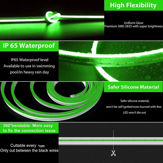 Alt view image 3 of 6 - LED Strip Lights, Green Neon Rope, 0.39in/Cut DIY, 16.4ft, 12V Waterproof, Silicone Flexible, Connectable for Bedroom, Cabinet, Commercial Sign Decor, 6mm Wide, Not Included Power Adapter