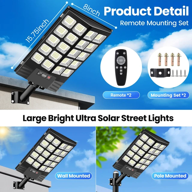 Alt view image 4 of 7 - 2 Pack Solar Street Lights Outdoor Waterproof, 100000LM Solar Powered Parking Lot Lights Large Street Light Dusk to Dawn with Motion Sensor, LED Flood Light Wide Angle Lamp for Patio and Parkling Lot