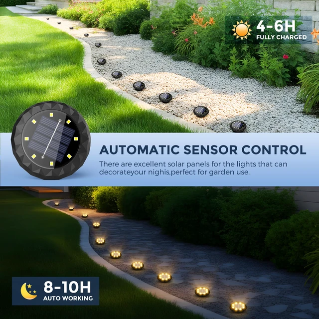 Alt view image 4 of 7 - 20 Pack Small Solar Ground Lights, Driveway Lights Warm White Solar Powered Pathway Lights Waterproof, Landscape Lighting for Walkway, Garden, Backyard, Patio- Black Lampshade