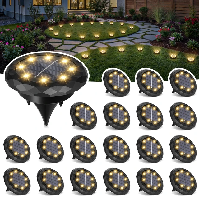 Main image of 20 Pack Small Solar Ground Lights, Driveway Lights Warm White Solar Powered Pathway Lights Waterproof, Landscape Lighting for Walkway, Garden, Backyard, Patio- Black Lampshade