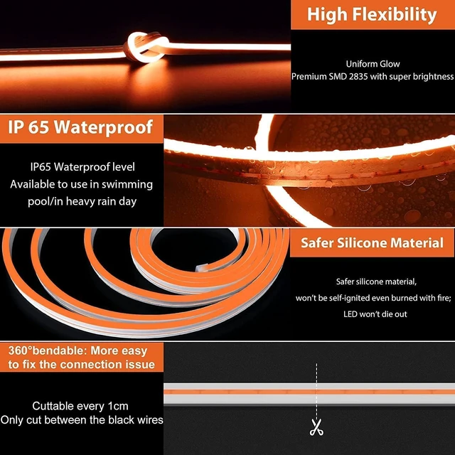 Alt view image 4 of 6 - LED Strip Lights, Orange Neon Rope, 0.39in/Cut DIY, 16.4ft, 12V Waterproof, Silicone Flexible, Connectable for Bedroom, Cabinet, Commercial Sign Decor, 6mm Wide, Not Included Power Adapter