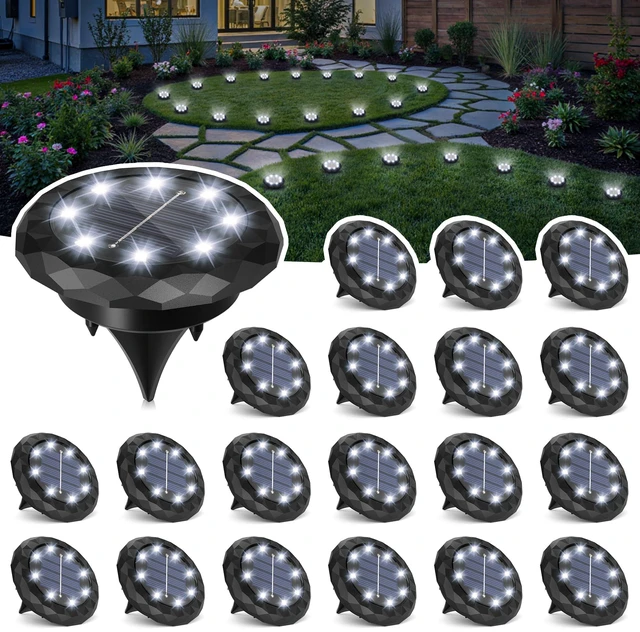 Main image of 20 Pack Small Solar Ground Lights, Driveway Lights Cool White Solar Powered Pathway Lights Waterproof, Landscape Lighting for Walkway, Garden, Backyard, Patio- Black Lampshade