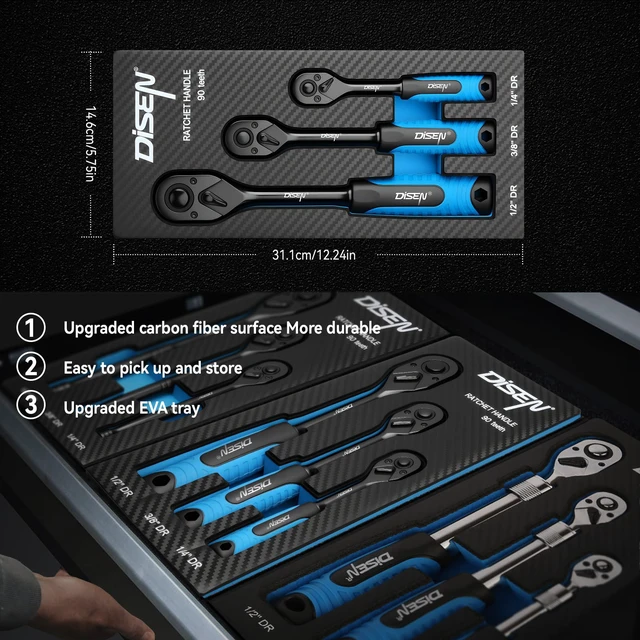 Alt view image 5 of 7 - 3PCS Black Ratchet Wrench Set, 1/2", 3/8", 1/4" Drive 90-Tooth Drive Ratchet Socket Wrench Reversible with Non-slip Rubber Grip, Quick Release & EVA Tray - Professional Ratchet Wrench Handle Kit