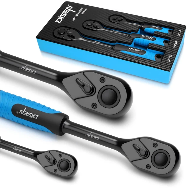 Main image of 3PCS Black Ratchet Wrench Set, 1/2", 3/8", 1/4" Drive 90-Tooth Drive Ratchet Socket Wrench Reversible with Non-slip Rubber Grip, Quick Release & EVA Tray - Professional Ratchet Wrench Handle Kit