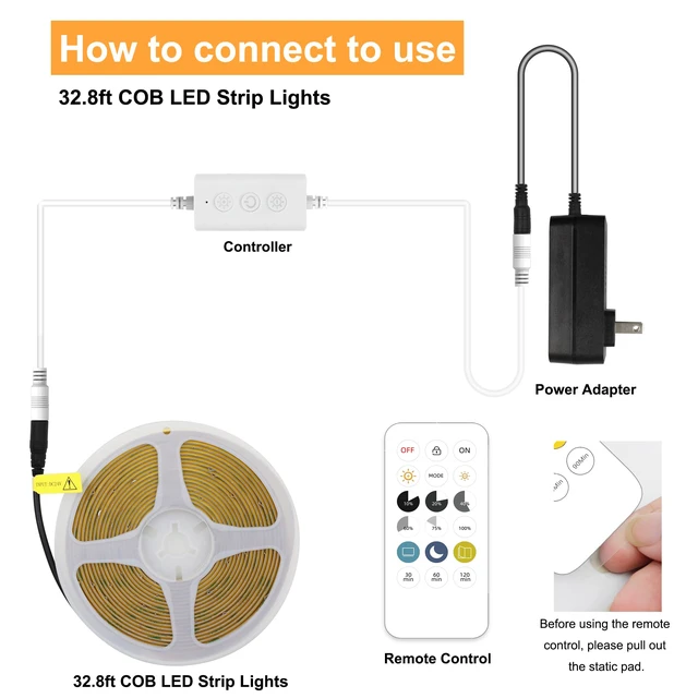 Alt view image 4 of 6 - COB LED Strip Lights with RF Remote, 24V 32.8ft Warm White Dimmable LED Light Strips, High Bright 2700K LED Lights with Power Supply for Room, Kitchen, DIY Home Decoration