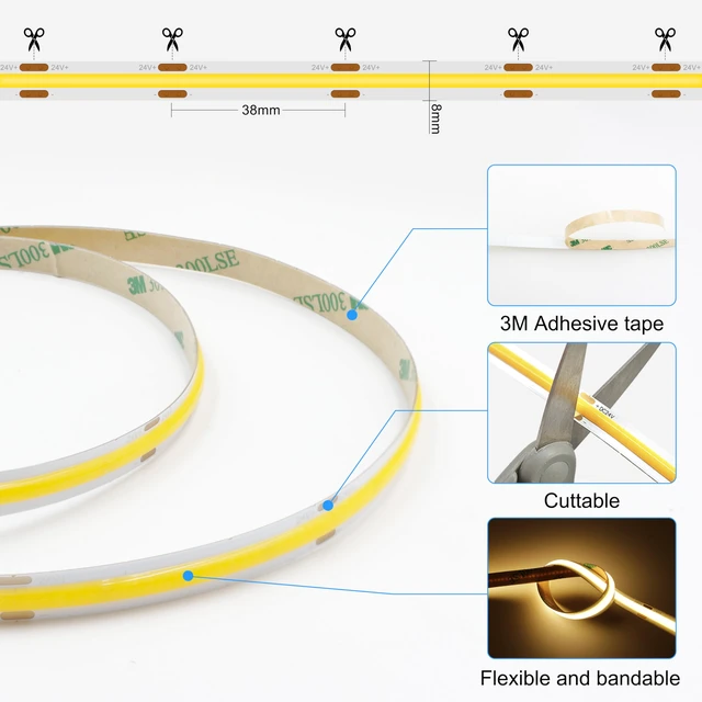 Alt view image 5 of 6 - COB LED Strip Lights with RF Remote, 24V 32.8ft Warm White Dimmable LED Light Strips, High Bright 2700K LED Lights with Power Supply for Room, Kitchen, DIY Home Decoration