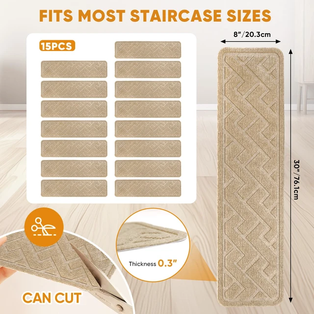 Alt view image 2 of 7 - Stair Runner,15 Pack 8"×30" Carpet Stair Treads, Carpet for Stairs, Beige Soft Polyester Stair Treads and Stair Runner Reduce Stair Noise, TPE Non-Slip Carpet for Stairs Offers Reliable Traction