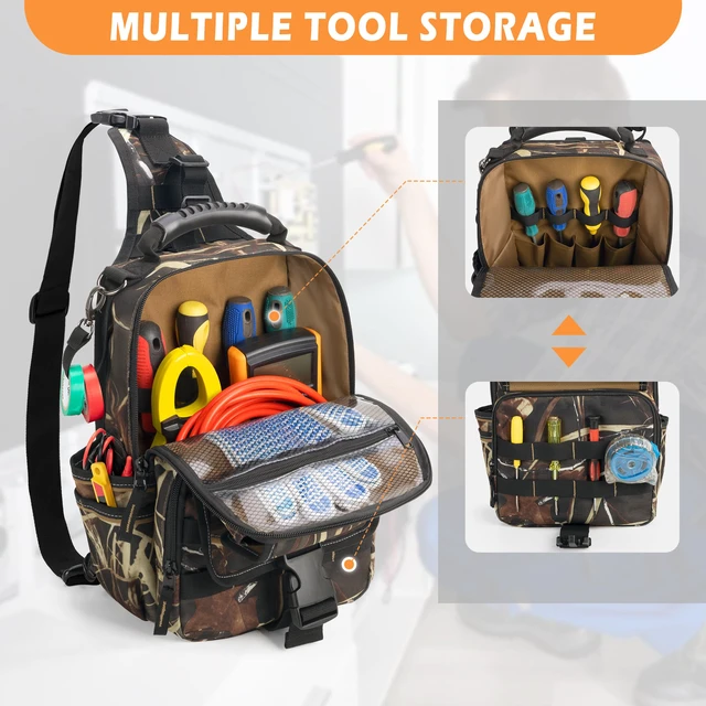 Alt view image 2 of 7 - Electrician Tool Pouch Bag, Zippered HVAC Tool Organizer Heavy-Duty Canvas Fabric, Ergonomic Handle, Removable Shoulder Strap, Ideal for Maintenance Repair Technician