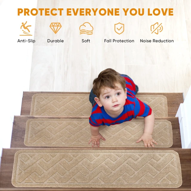 Alt view image 3 of 7 - Stair Runner,15 Pack 8"×30" Carpet Stair Treads, Carpet for Stairs, Beige Soft Polyester Stair Treads and Stair Runner Reduce Stair Noise, TPE Non-Slip Carpet for Stairs Offers Reliable Traction