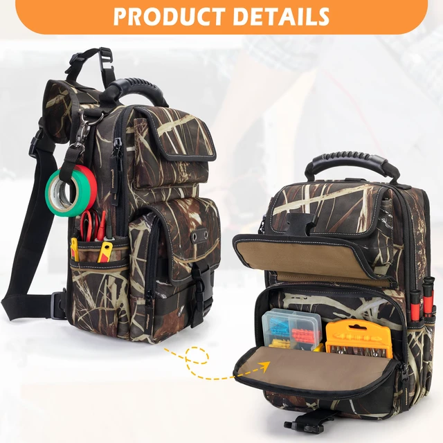 Alt view image 3 of 7 - Electrician Tool Pouch Bag, Zippered HVAC Tool Organizer Heavy-Duty Canvas Fabric, Ergonomic Handle, Removable Shoulder Strap, Ideal for Maintenance Repair Technician
