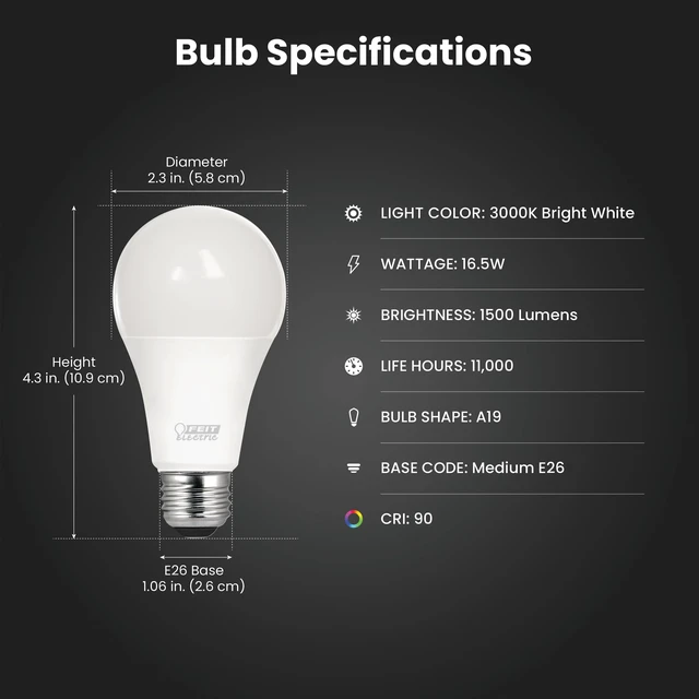 Alt view image 2 of 7 - A19 100W Equivalent LED Light Bulbs, Non-Dimmable, 3000k Bright White, 1600 Lumens, 10 Year, E26 Base, CRI 90, UL Listed, Damp Rated, 6 Pack, OM100/930CA10K/6
