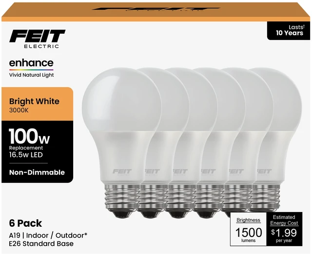 Main image of A19 100W Equivalent LED Light Bulbs, Non-Dimmable, 3000k Bright White, 1600 Lumens, 10 Year, E26 Base, CRI 90, UL Listed, Damp Rated, 6 Pack, OM100/930CA10K/6