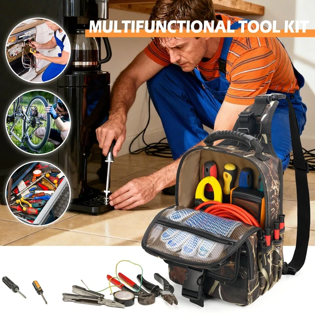 Alt view image 7 of 7 - Electrician Tool Pouch Bag, Zippered HVAC Tool Organizer Heavy-Duty Canvas Fabric, Ergonomic Handle, Removable Shoulder Strap, Ideal for Maintenance Repair Technician