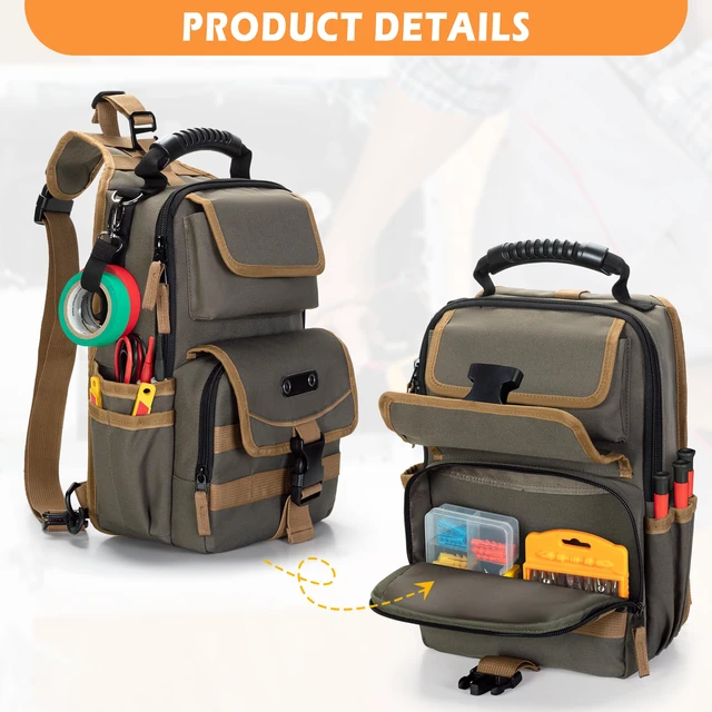 Alt view image 3 of 7 - Electrician Tool Pouch Bag, Zippered HVAC Tool Organizer Heavy-Duty Canvas Fabric, Ergonomic Handle, Removable Shoulder Strap, Ideal for Maintenance Repair Technician