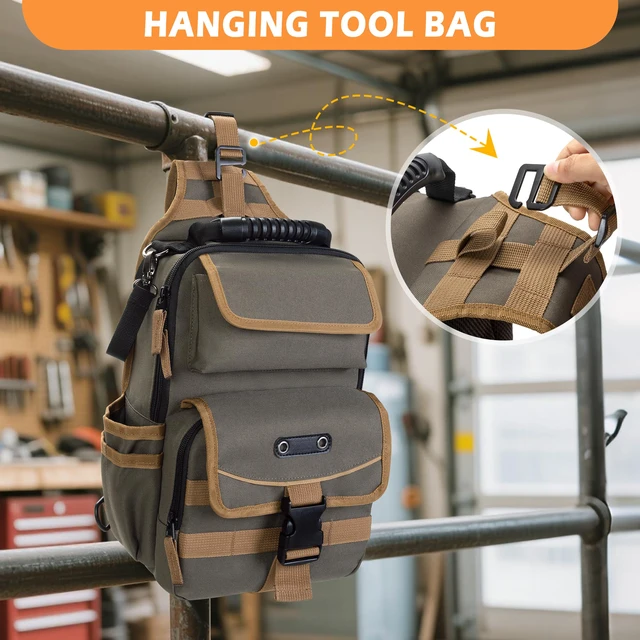 Alt view image 4 of 7 - Electrician Tool Pouch Bag, Zippered HVAC Tool Organizer Heavy-Duty Canvas Fabric, Ergonomic Handle, Removable Shoulder Strap, Ideal for Maintenance Repair Technician