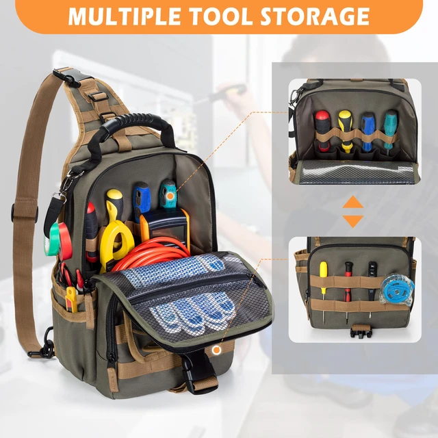 Alt view image 2 of 7 - Electrician Tool Pouch Bag, Zippered HVAC Tool Organizer Heavy-Duty Canvas Fabric, Ergonomic Handle, Removable Shoulder Strap, Ideal for Maintenance Repair Technician
