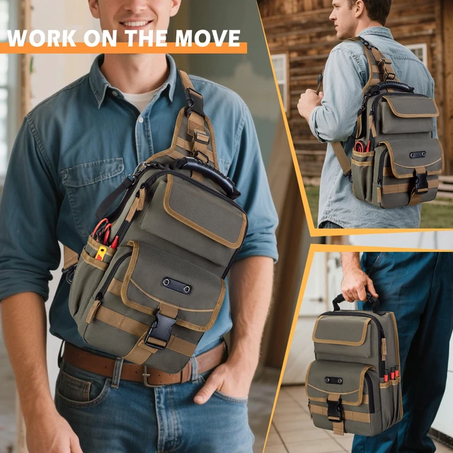 Alt view image 5 of 7 - Electrician Tool Pouch Bag, Zippered HVAC Tool Organizer Heavy-Duty Canvas Fabric, Ergonomic Handle, Removable Shoulder Strap, Ideal for Maintenance Repair Technician