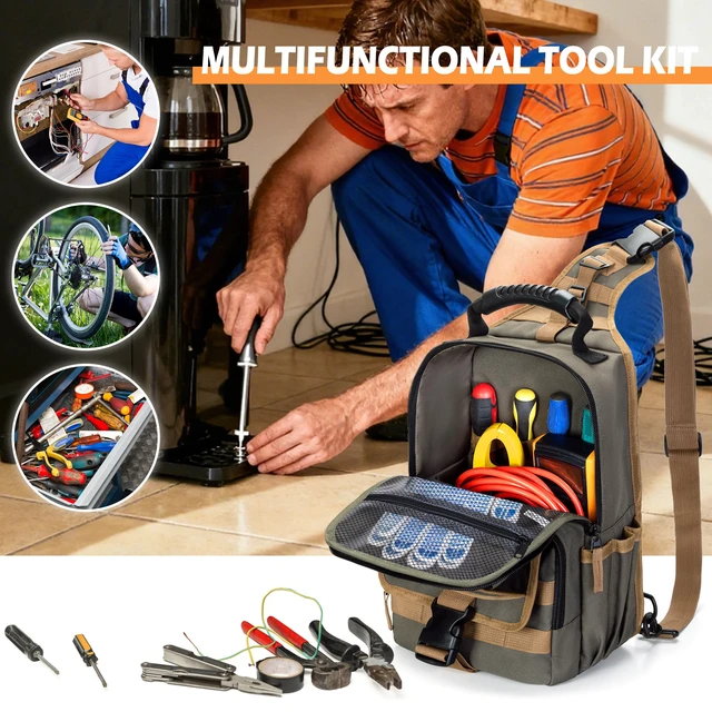 Alt view image 7 of 7 - Electrician Tool Pouch Bag, Zippered HVAC Tool Organizer Heavy-Duty Canvas Fabric, Ergonomic Handle, Removable Shoulder Strap, Ideal for Maintenance Repair Technician