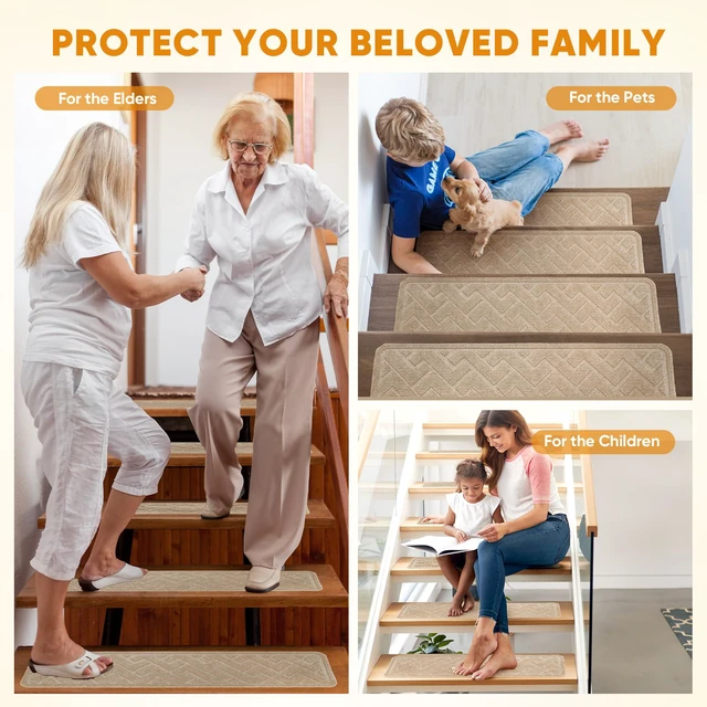 Alt view image 7 of 7 - Stair Runner,15 Pack 8"×30" Carpet Stair Treads, Carpet for Stairs, Beige Soft Polyester Stair Treads and Stair Runner Reduce Stair Noise, TPE Non-Slip Carpet for Stairs Offers Reliable Traction