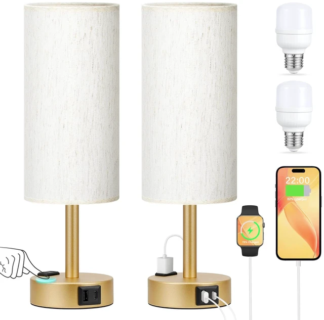 Main image of Touch Bedside Table Lamps Set of 2 - Bedroom Lamp with USB A+C, AC Outlet 3-Way Dimmable, LED Bulb Included, Linen-Texture Fabric Lampshade, Matte Gold Metal Base, 14" Small Nightstand Lamp for Dorm