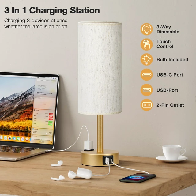 Alt view image 2 of 7 - Touch Bedside Table Lamps Set of 2 - Bedroom Lamp with USB A+C, AC Outlet 3-Way Dimmable, LED Bulb Included, Linen-Texture Fabric Lampshade, Matte Gold Metal Base, 14" Small Nightstand Lamp for Dorm