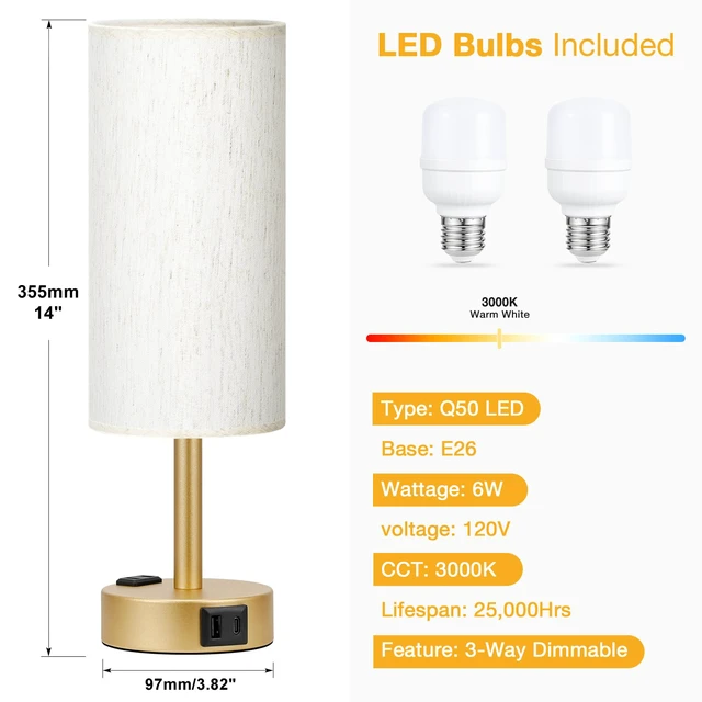 Alt view image 4 of 7 - Touch Bedside Table Lamps Set of 2 - Bedroom Lamp with USB A+C, AC Outlet 3-Way Dimmable, LED Bulb Included, Linen-Texture Fabric Lampshade, Matte Gold Metal Base, 14" Small Nightstand Lamp for Dorm