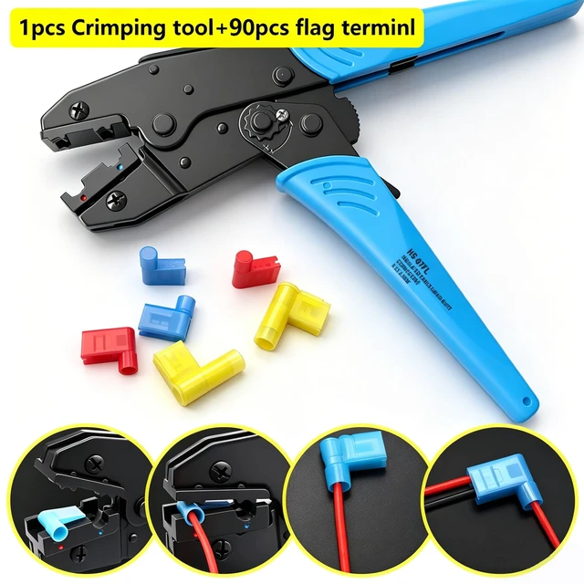 Alt view image 4 of 6 - Flag Terminal Crimper AWG 22-14 (0.5-2.5mm²) Electrical Crimping Tool for right angle spade connector Ratchet Terminal Crimper