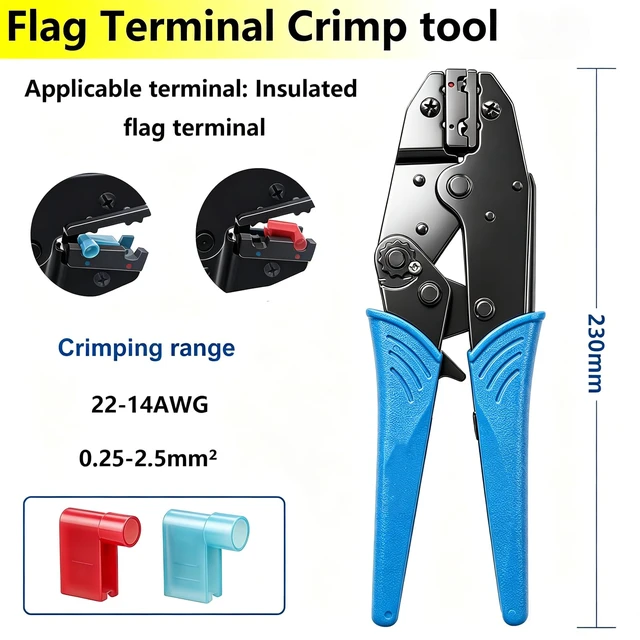 Alt view image 2 of 6 - Flag Terminal Crimper AWG 22-14 (0.5-2.5mm²) Electrical Crimping Tool for right angle spade connector Ratchet Terminal Crimper