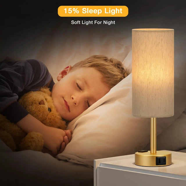 Alt view image 6 of 7 - Touch Bedside Table Lamps Set of 2 - Bedroom Lamp with USB A+C, AC Outlet 3-Way Dimmable, LED Bulb Included, Linen-Texture Fabric Lampshade, Matte Gold Metal Base, 14" Small Nightstand Lamp for Dorm