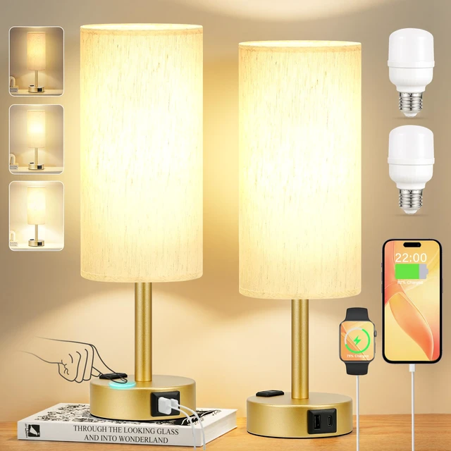 Alt view image 7 of 7 - Touch Bedside Table Lamps Set of 2 - Bedroom Lamp with USB A+C, AC Outlet 3-Way Dimmable, LED Bulb Included, Linen-Texture Fabric Lampshade, Matte Gold Metal Base, 14" Small Nightstand Lamp for Dorm