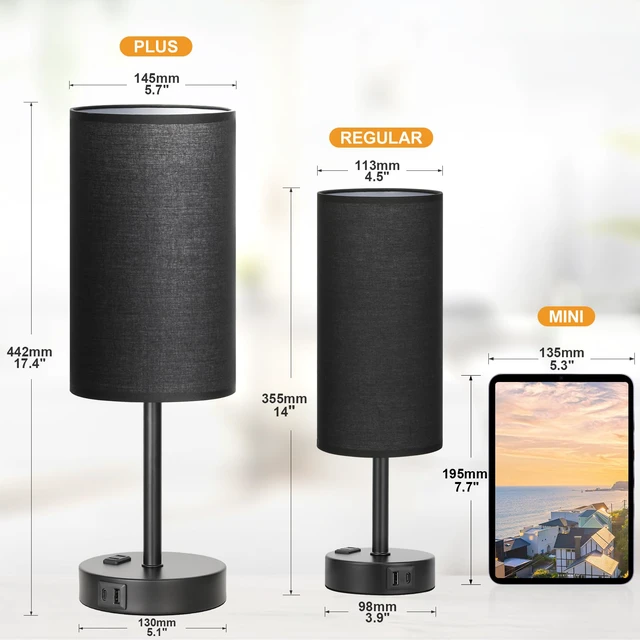 Alt view image 2 of 7 - 17" Tall Bedside Lamp Set of 2 - Touch Bedroom Lamp with USB A+C, AC Outlet 3-Way Dimmable, LED Bulb Included, Compact Nightstand Lamp for Home Office