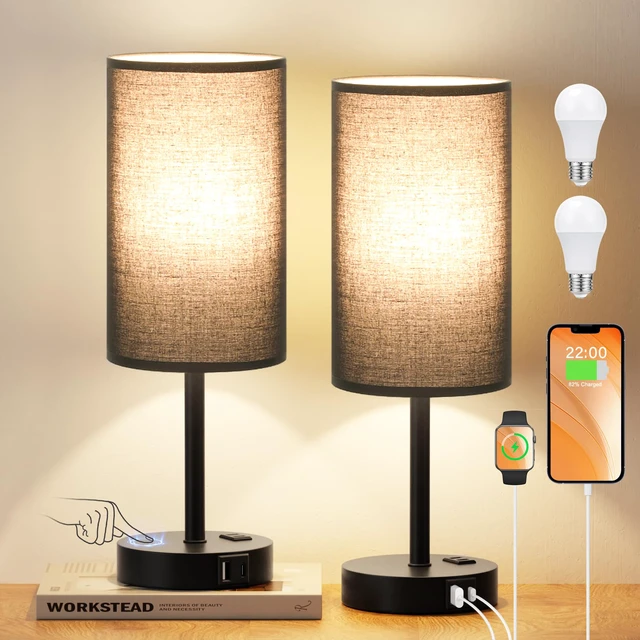 Alt view image 7 of 7 - 17" Tall Bedside Lamp Set of 2 - Touch Bedroom Lamp with USB A+C, AC Outlet 3-Way Dimmable, LED Bulb Included, Compact Nightstand Lamp for Home Office