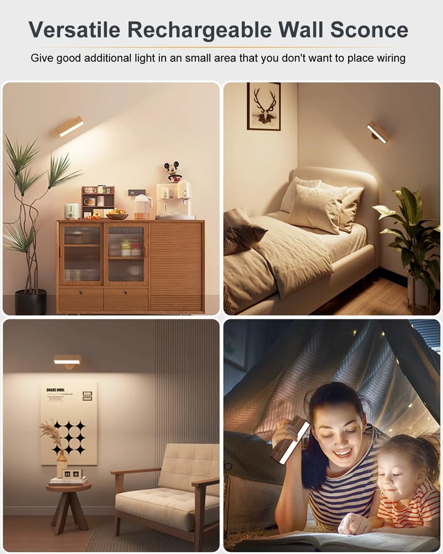 Alt view image 3 of 7 - Battery Operated Wall Sconces Set of 2,Rechargeable Wall Lights Wood,Stick On Wall Lights for Bedroom,Wall Mounted Bedside Reading Lamps Dimmable,Battery Powered Wall Lamp for Bedroom