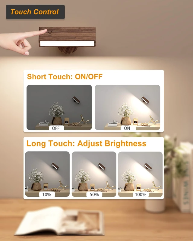 Alt view image 4 of 7 - Battery Operated Wall Sconces Set of 2,Rechargeable Wall Lights Wood,Stick On Wall Lights for Bedroom,Wall Mounted Bedside Reading Lamps Dimmable,Battery Powered Wall Lamp for Bedroom