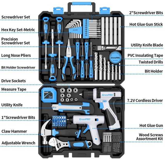 Alt view image 3 of 7 - 188PC Blue Cordless Drill Tool Set for Wo&Men Tool Kit for Home Box All-In-One Basic Household Tool Box, Glue Gun Accessories DIY, CR-V Steel, Sturdy Storage Case Auto Repair Kit For Men