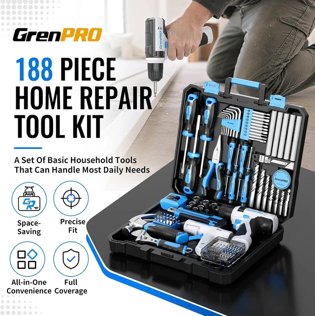 Alt view image 2 of 7 - 188PC Blue Cordless Drill Tool Set for Wo&Men Tool Kit for Home Box All-In-One Basic Household Tool Box, Glue Gun Accessories DIY, CR-V Steel, Sturdy Storage Case Auto Repair Kit For Men
