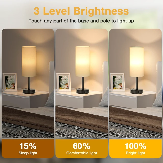 Alt view image 2 of 7 - Touch Bedside Table Lamps Set of 2 - Bedroom Lamp with USB A+C, AC Outlet 3-Way Dimmable, LED Bulb Included, White Fabric Lampshade, Matte Black Metal Base & Pole, 14" Small Nightstand Lamp for Desk