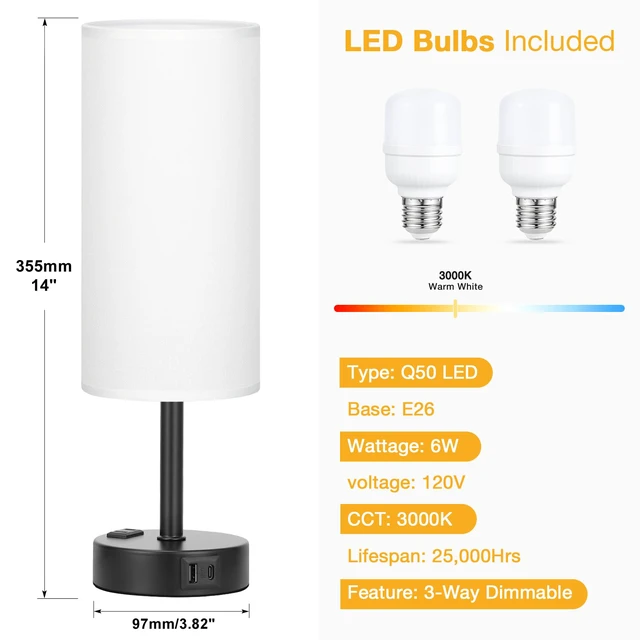 Alt view image 4 of 7 - Touch Bedside Table Lamps Set of 2 - Bedroom Lamp with USB A+C, AC Outlet 3-Way Dimmable, LED Bulb Included, White Fabric Lampshade, Matte Black Metal Base & Pole, 14" Small Nightstand Lamp for Desk