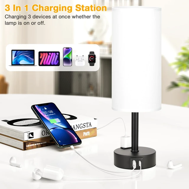 Alt view image 3 of 7 - Touch Bedside Table Lamps Set of 2 - Bedroom Lamp with USB A+C, AC Outlet 3-Way Dimmable, LED Bulb Included, White Fabric Lampshade, Matte Black Metal Base & Pole, 14" Small Nightstand Lamp for Desk