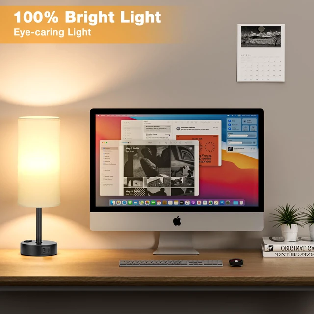 Alt view image 5 of 7 - Touch Bedside Table Lamps Set of 2 - Bedroom Lamp with USB A+C, AC Outlet 3-Way Dimmable, LED Bulb Included, White Fabric Lampshade, Matte Black Metal Base & Pole, 14" Small Nightstand Lamp for Desk