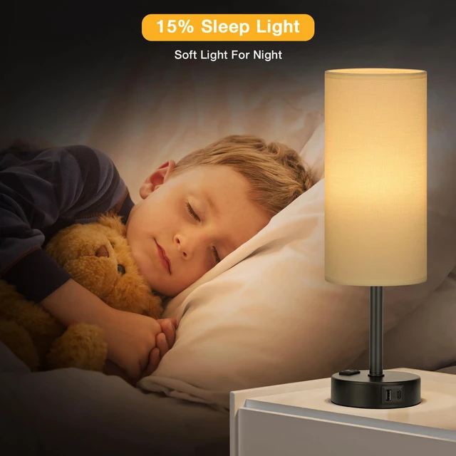 Alt view image 6 of 7 - Touch Bedside Table Lamps Set of 2 - Bedroom Lamp with USB A+C, AC Outlet 3-Way Dimmable, LED Bulb Included, White Fabric Lampshade, Matte Black Metal Base & Pole, 14" Small Nightstand Lamp for Desk