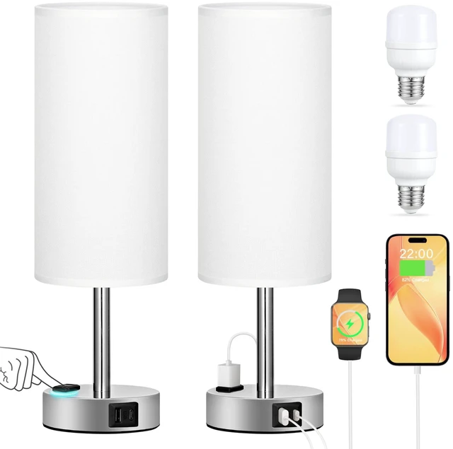 Main image of Touch Bedside Table Lamps Set of 2 - Bedroom Lamp with USB A+C, AC Outlet 3-Way Dimmable, LED Bulb Included, White Fabric Lampshade, Sleek Silver Metal Base & Pole, 14" Small Nightstand Lamp for Desk