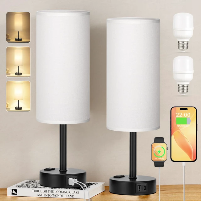 Alt view image 7 of 7 - Touch Bedside Table Lamps Set of 2 - Bedroom Lamp with USB A+C, AC Outlet 3-Way Dimmable, LED Bulb Included, White Fabric Lampshade, Matte Black Metal Base & Pole, 14" Small Nightstand Lamp for Desk