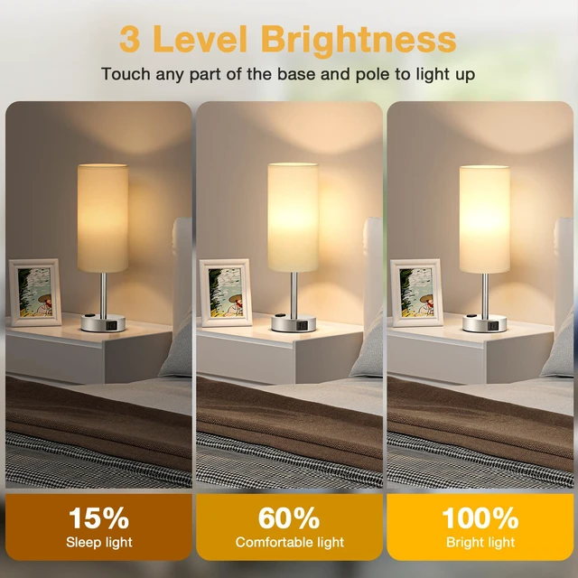 Alt view image 2 of 7 - Touch Bedside Table Lamps Set of 2 - Bedroom Lamp with USB A+C, AC Outlet 3-Way Dimmable, LED Bulb Included, White Fabric Lampshade, Sleek Silver Metal Base & Pole, 14" Small Nightstand Lamp for Desk