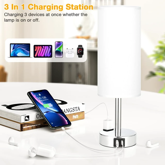 Alt view image 3 of 7 - Touch Bedside Table Lamps Set of 2 - Bedroom Lamp with USB A+C, AC Outlet 3-Way Dimmable, LED Bulb Included, White Fabric Lampshade, Sleek Silver Metal Base & Pole, 14" Small Nightstand Lamp for Desk