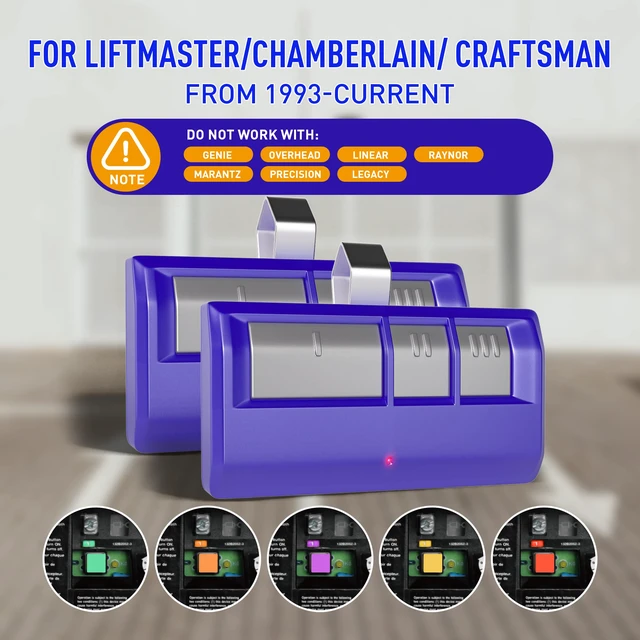 Alt view image 2 of 7 - Universal Garage Door Opener Remote for LiftMaster/Chamberlain/Craftsman, Replacement Garage Door Remote, Garage Remote Control Universal Work with 5 Color Learn Buttons, Blue, 2 Pack