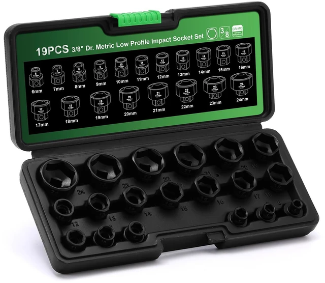 Alt view image 2 of 7 - 19-Piece 3/8-Inch Drive Metric Low Profile Impact Socket Set, Stubby Socket Set, 6mm-24mm, No Skips Sizes, 6 Point, Cr-Mo, Shorter Socket for Tight Areas
