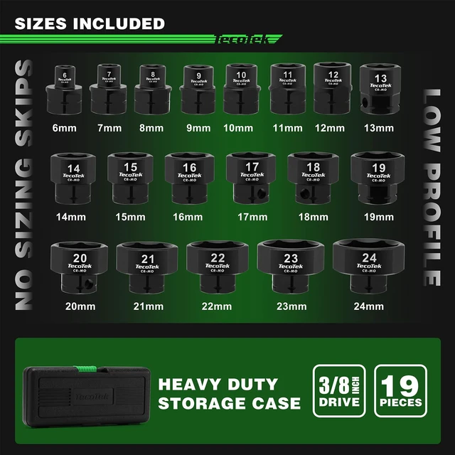 Alt view image 3 of 7 - 19-Piece 3/8-Inch Drive Metric Low Profile Impact Socket Set, Stubby Socket Set, 6mm-24mm, No Skips Sizes, 6 Point, Cr-Mo, Shorter Socket for Tight Areas